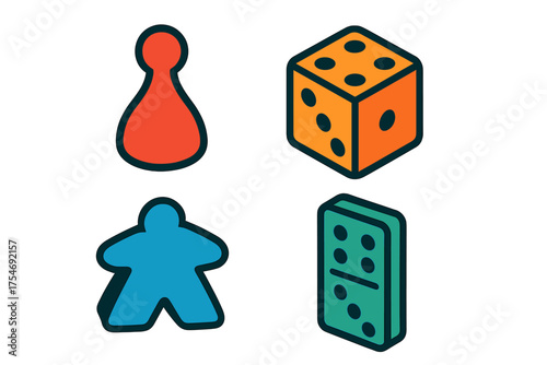 Colorful set of classic board game pieces including pawn meeple dice and domino tile icons