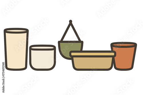 Collection of various empty gardening containers and plant pots in different shapes and colors