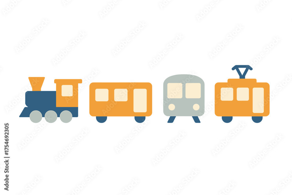 Fototapeta premium Stylized railway and public transportation vehicles: locomotive, carriage, subway, tram