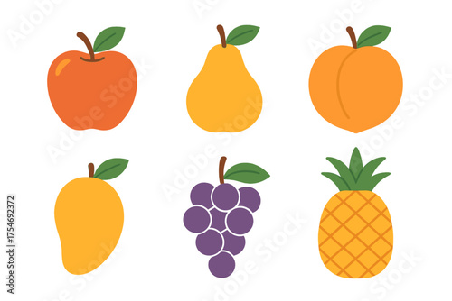 Colorful collection of six tropical and temperate fruits including apple pear peach mango grapes and pineapple