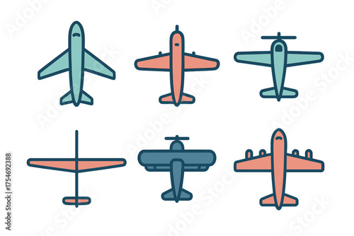Flat design collection of air transport icons, commercial jets, and propeller planes