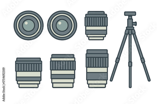 Collection of various camera lenses and a professional tripod for photography and videography equipment
