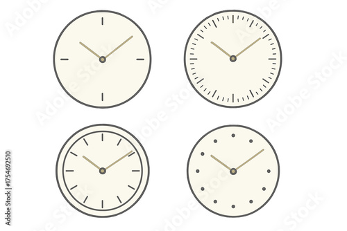 Set of four minimalist circular clock faces with various time measurement markings