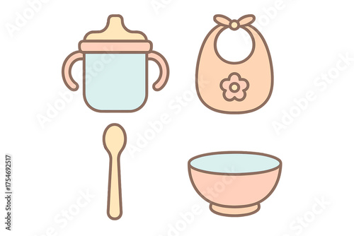 Pastel collection of baby feeding essentials: sippy cup, bib, spoon, and bowl set