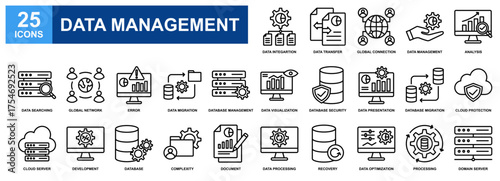 Data Management icon set collection. Containing design Data Integration, Analysis, Database Security, Complexity, Recovery 