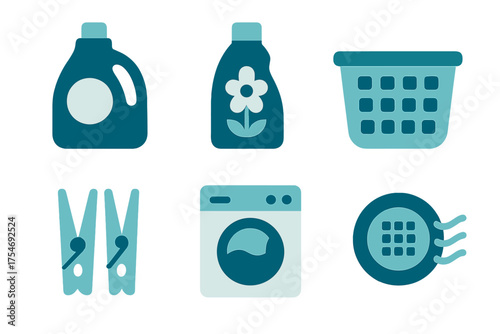 Set of household laundry and cleaning items including washing machine and detergent