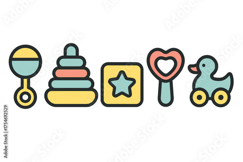 Colorful collection of classic baby toys: rattle, stacking rings, star block, and duck pull toy