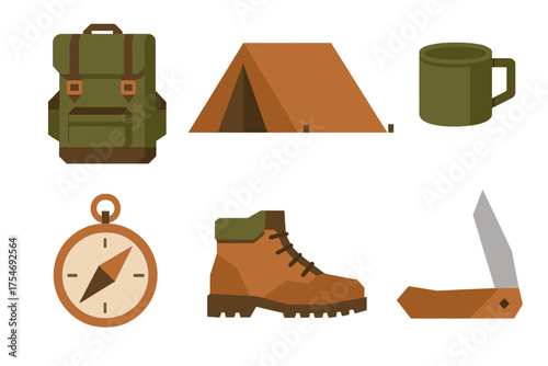 Essential outdoor adventure equipment set featuring backpack tent boot compass and knife