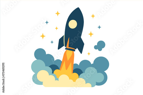 Stylized dark blue rocket ship launching into outer space with orange fire and blue smoke clouds