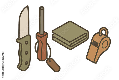 Basic camping and wilderness survival tools set including knife, fire starter, tarp, and emergency whistle