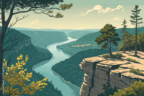 A scenic river valley seen from a rocky cliff edge with trees.