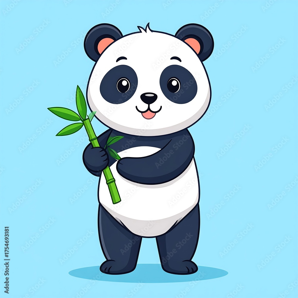 Naklejka premium Cartoon panda stands holding bamboo, set against a light blue background with a smile