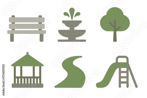 Minimalist set of elements for park infrastructure and outdoor leisure activities