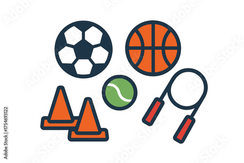 Assortment of athletic gear featuring balls for soccer basketball tennis jump rope and orange training cones