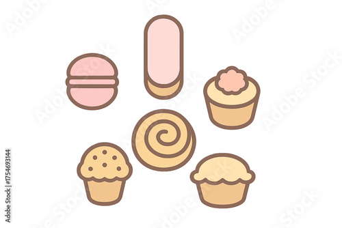 Collection of sweet baked goods and dessert icons including macarons, muffins, and pastry