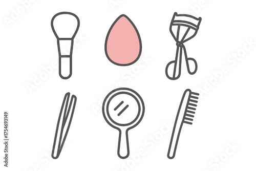 Essential cosmetic and beauty accessories for makeup application including brush sponge and curler