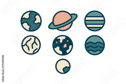 Stylized flat design space symbols and celestial bodies including Earth, Saturn, and the Moon