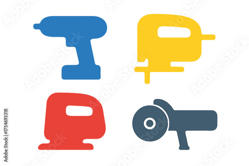Four construction and carpentry power tool icons: drill, jigsaw, sander, and grinder set