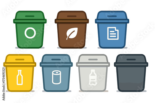 Set of eight colorful waste sorting bins with symbols for recycling different materials