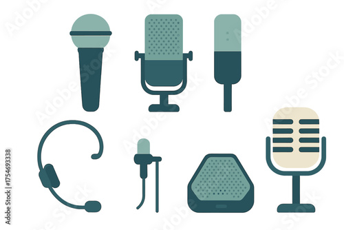Professional audio recording equipment set including studio microphones, headset, and conference speaker