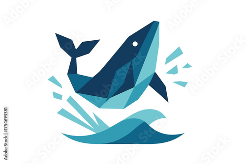 Modern geometric low poly design of a blue whale jumping out of the ocean