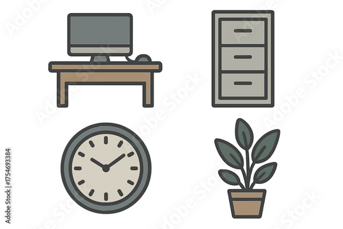 Office furniture and supplies set featuring a computer desk, filing cabinet, clock, and potted plant