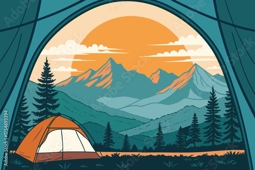 View from inside a tent looking out at a mountain landscape at sunset.