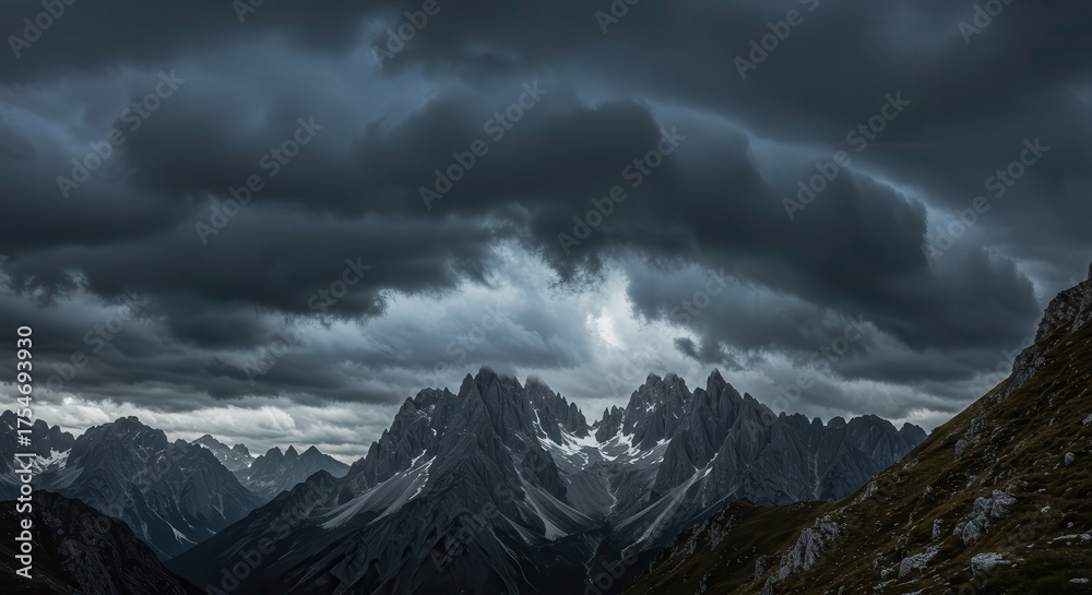 Obraz premium Dramatic storm clouds gather over jagged mountain peaks.