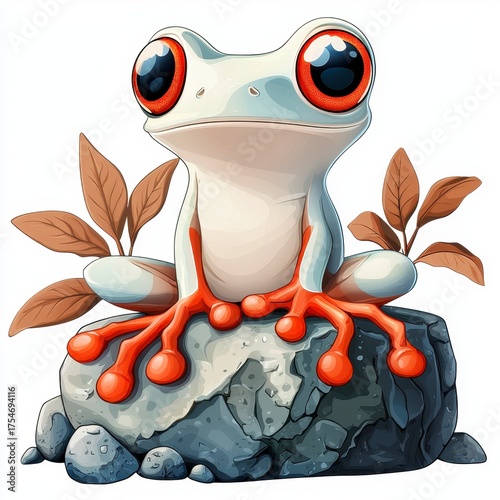 Colorful Cartoon Frog Sitting on a Rock with Green Leaves in a Bright and Cheerful Environment