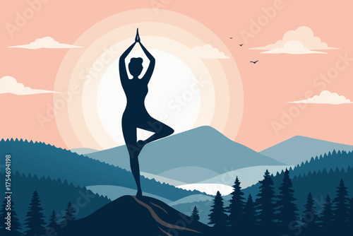 Silhouette of a person in a yoga pose on a mountain peak.
