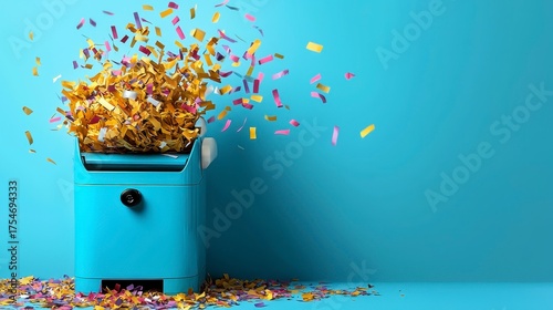Colorful Confetti Burst from Shredding Machine on Bright Blue Background