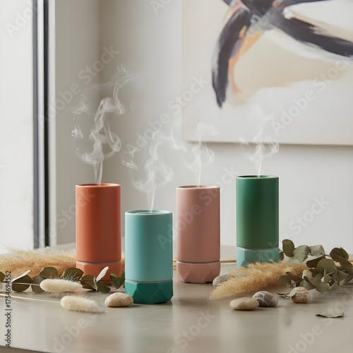 Colorful Diffusers Emitting Scented Mist in a Modern Home Setting