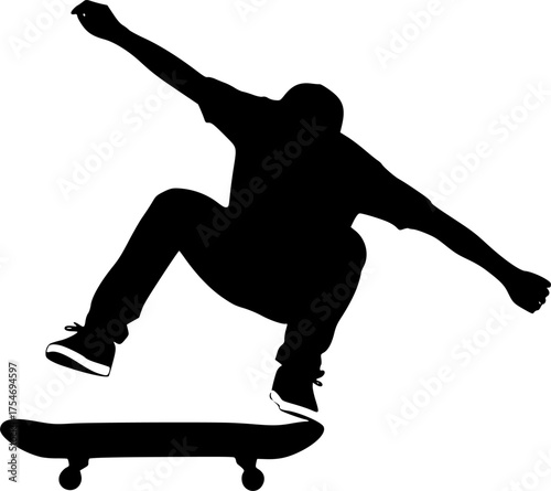 Skateboarder silhouette. This image shows a black silhouette of a skateboarder performing a trick, showcasing balance, agility, and dynamic motion. Vector clipart illustration design