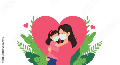 Mother and daughter embracing with masks in heart shape.