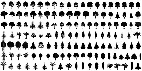 Collection of diverse black tree silhouettes and plant shapes on a white background