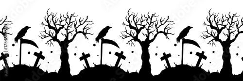Seamless Halloween border with images of cemetery, crosses, scythe of death, crow, trees. Silhouettes of tombstones, seamless horizontal background for festive banners, decorative ribbon, invitations.