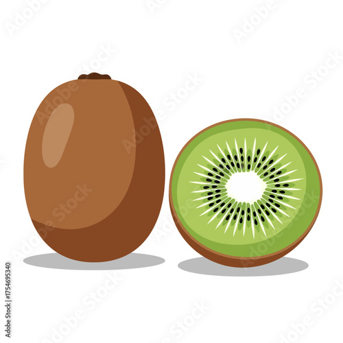 Vector illustration of a fresh whole kiwi and a sliced half, showing the green pulp and seeds, isolated on a white background