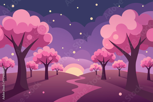 Enchanting pink cherry orchard at twilight serene landscape
