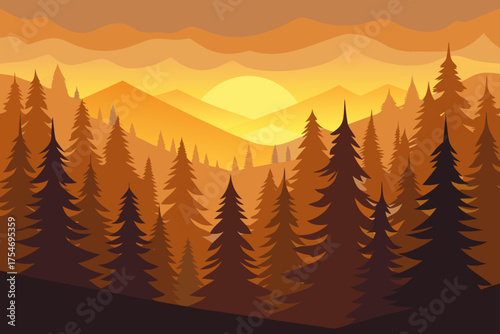 Golden sunset over pine forest vector illustration scalable