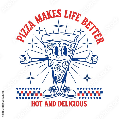 A cheerful retro cartoon pizza slice mascot with a smiling face giving a thumbs up. Vintage style food character illustration for a pizzeria