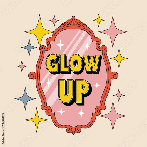 A vibrant retro illustration of an ornate mirror with sparkling stars, symbolizing a positive personal transformation and self-improvement journey