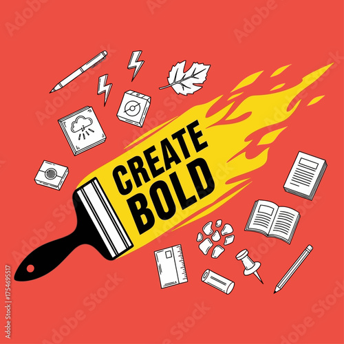 An inspirational illustration representing the concept of bold creation, featuring a fiery paintbrush surrounded by creative doodle icons