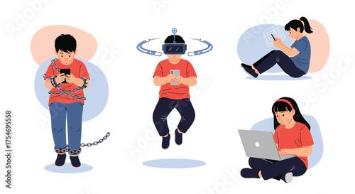 Exploring the digital world with children and technology in various poses.