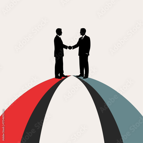 Conceptual illustration of a business merger with two professionals shaking hands on converging roads, symbolizing a successful partnership and agreement