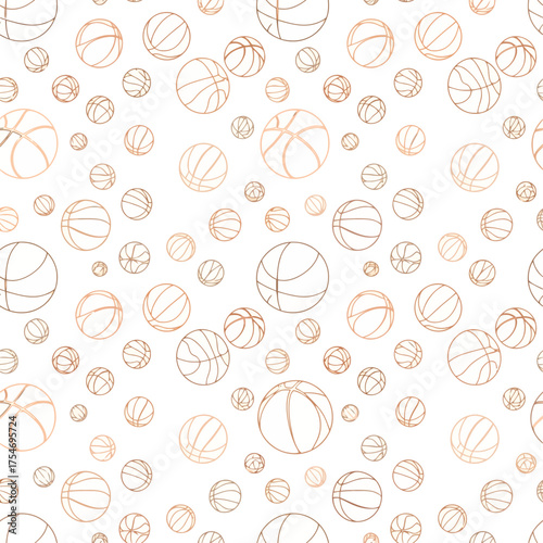 Seamless vector pattern featuring scattered hand-drawn basketball outlines in orange and brown hues, perfect for sports-themed backgrounds and textiles
