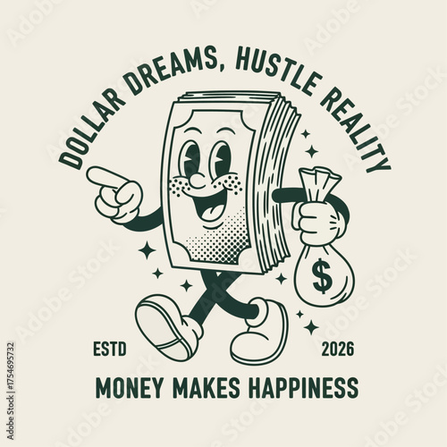 A cheerful stack of banknotes personified as a retro mascot, representing financial success and the hustle for dreams