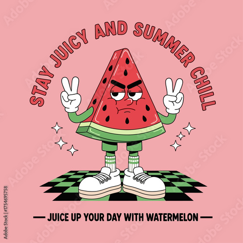 Cool summer vibes with a grumpy watermelon mascot illustration on a pink background. Funny fruit vector art