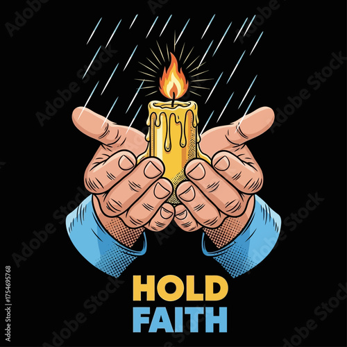A graphic illustration of two hands cupped around a lit candle, protecting the flame of faith from the falling rain