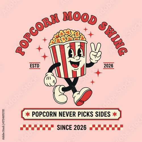 Playful retro cartoon mascot of a popcorn box giving a peace sign. This vintage-style character illustration embodies fun and nostalgia
