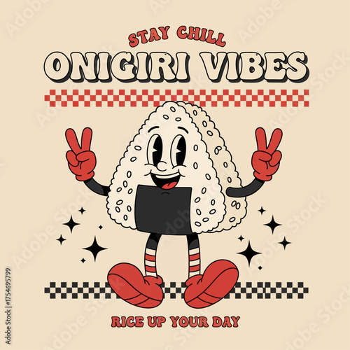 A cheerful retro cartoon mascot of a Japanese onigiri rice ball giving peace signs. Vintage style vector illustration for t-shirt or sticker design